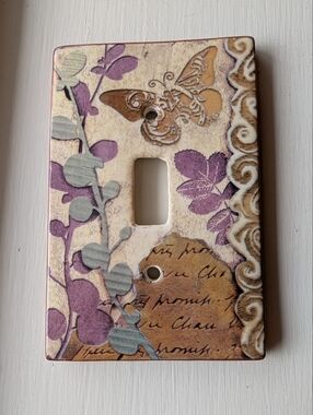 Decorative Butterfly & Floral Single Toggle Switch Plate - Purple/Tan Ceramic